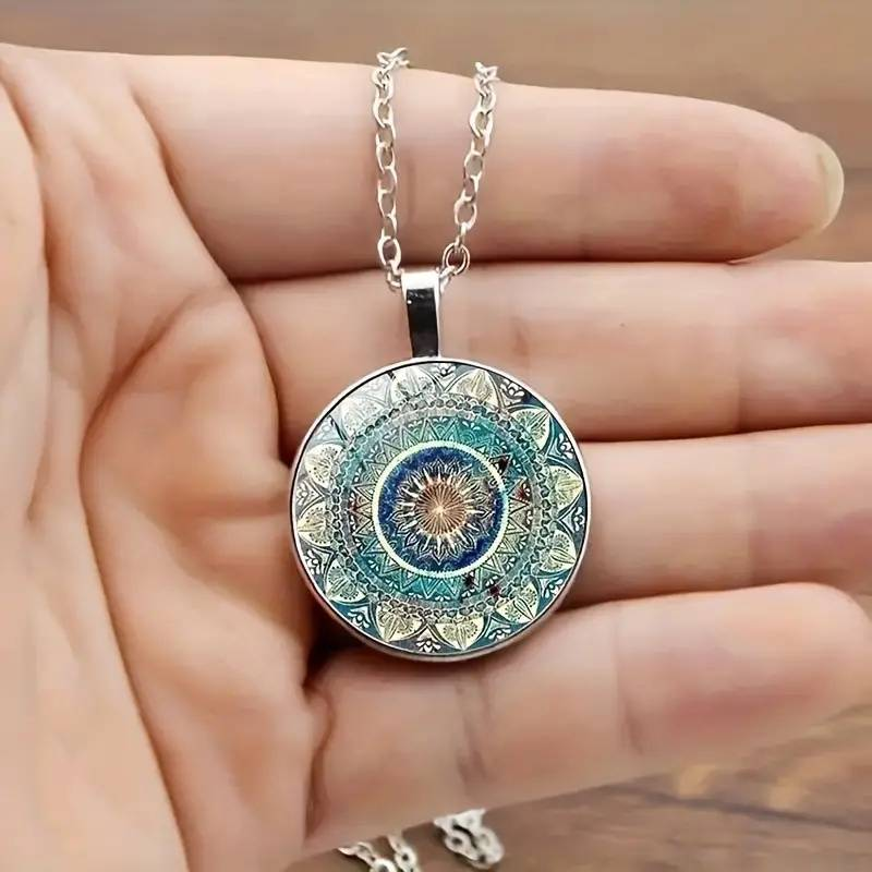 Exquisites Rundes Mandala-Motiv in Blau – Vintage Halskette