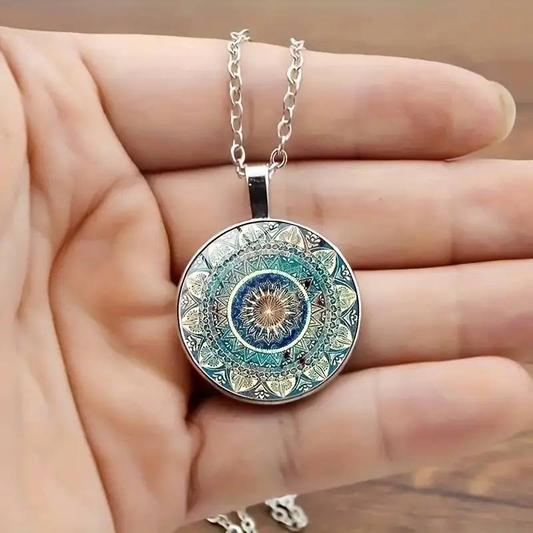 Exquisites Rundes Mandala-Motiv in Blau – Vintage Halskette